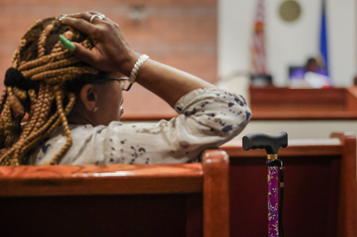 Defendant Vertanya Nelson, 61, waits for her case to be heard in front of  North Las Vegas Justice of the Peace Belinda T. Harris during a home eviction hearing on Tuesday, July 18, 2023. (Jeff Scheid/The Nevada Independent)